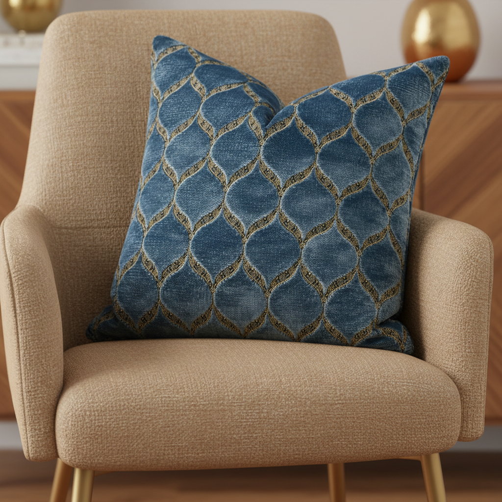 Blue & Gold Trellis Pillow on Tan Linen Chair