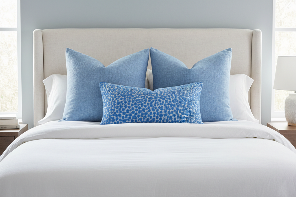 Blue Leopard and Light Blue Linen Pillows on Bed Various Sizes