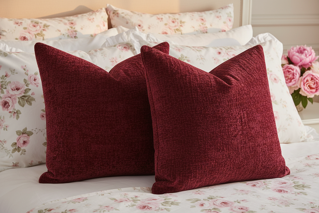 Burgundy Chenille Pillows on White & Pink Floral Bedding