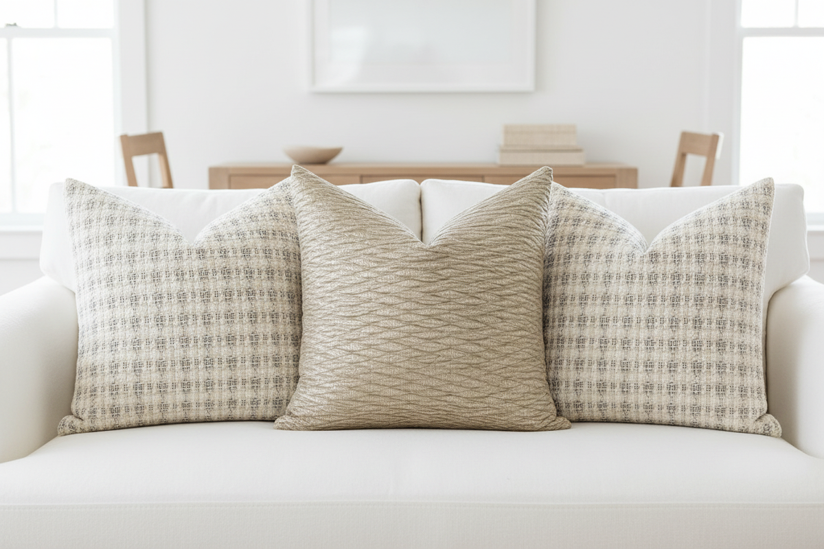 Champagne Ripple Centered with Two Cream Grid Pillows