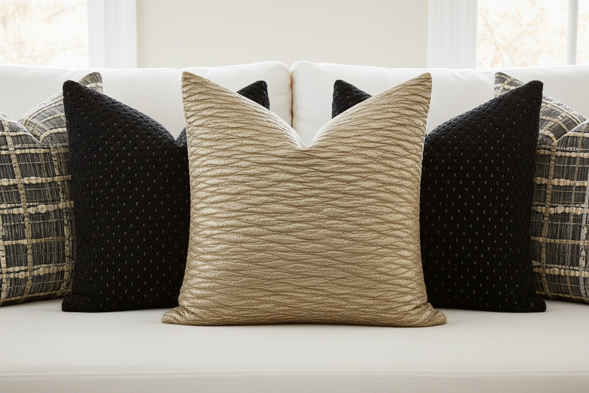 Champagne Ripple Hero with Black & Grid Pillows on White Linen Sofa