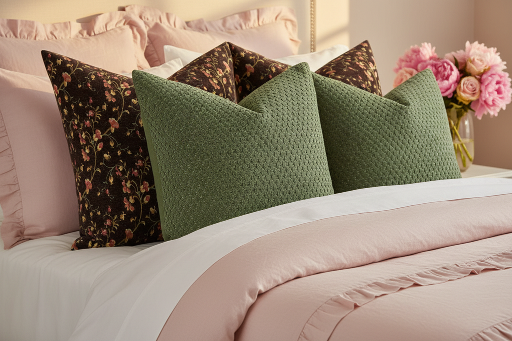 Dark Floral & Sage Green Pillows on Pink Bedding