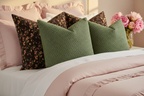 Dark Floral & Sage Green Pillows on Pink Bedding