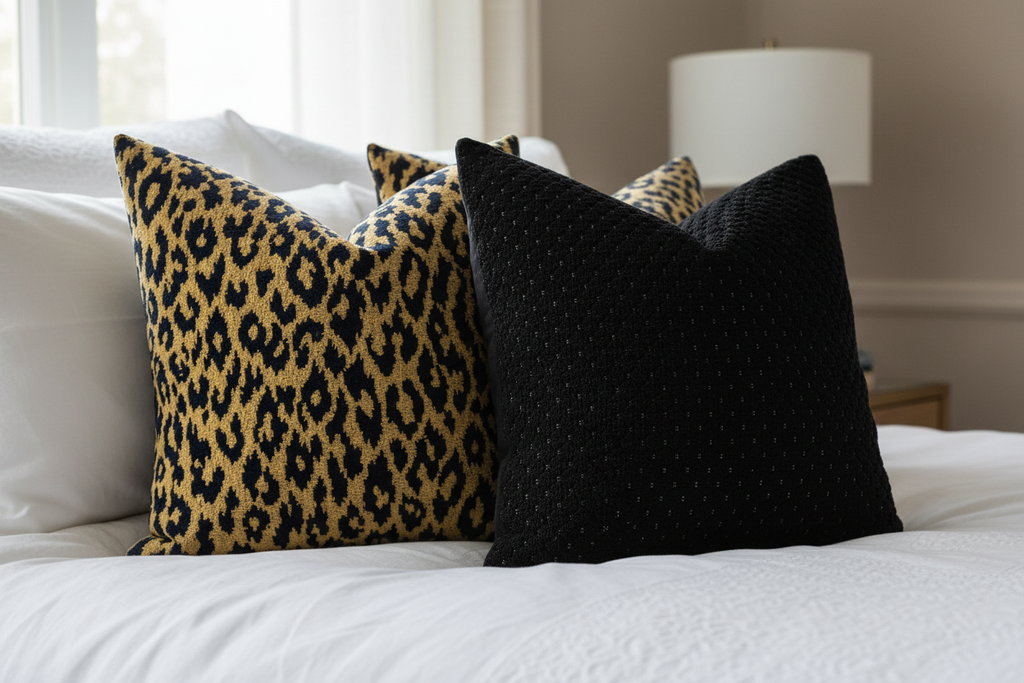 Gold Leopard & Black Waffle Pillows on Bed