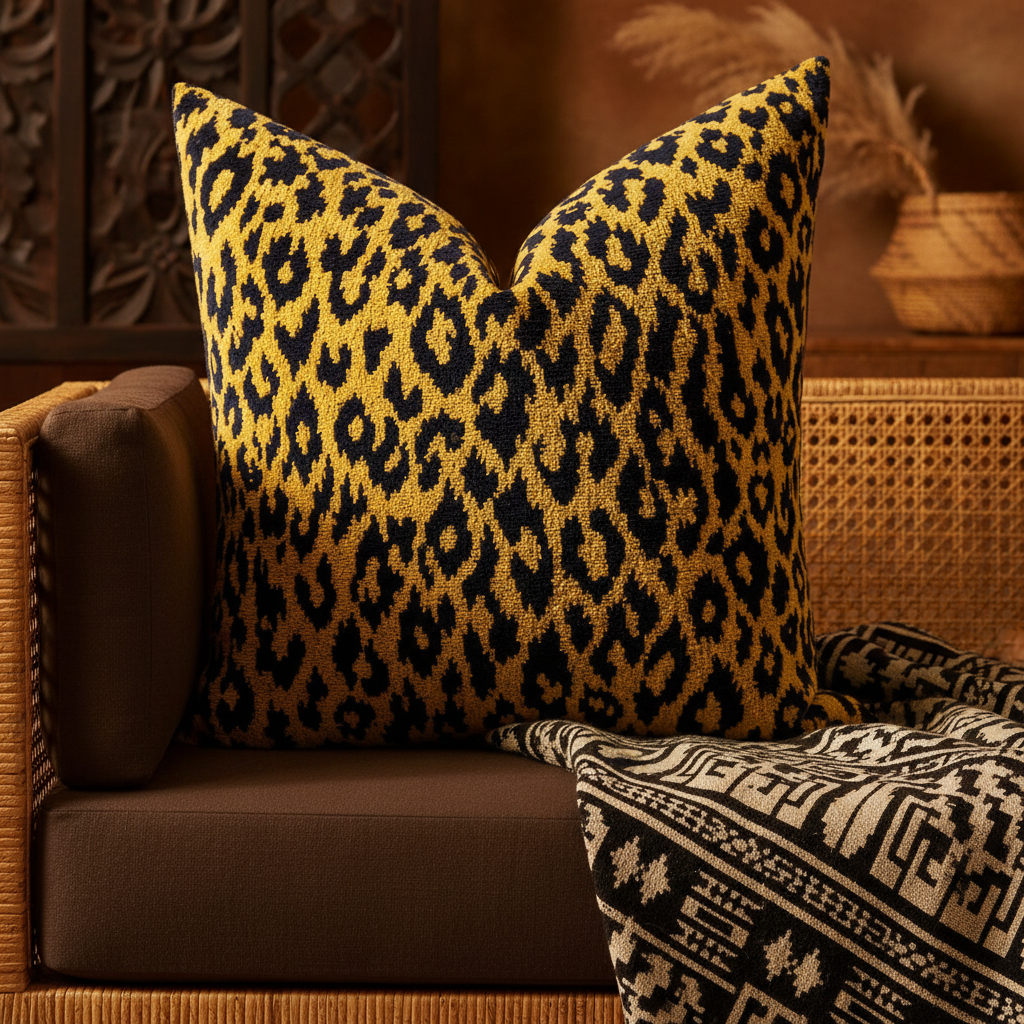 Golden Safari Leopard Pillow - Boho African Close-Up