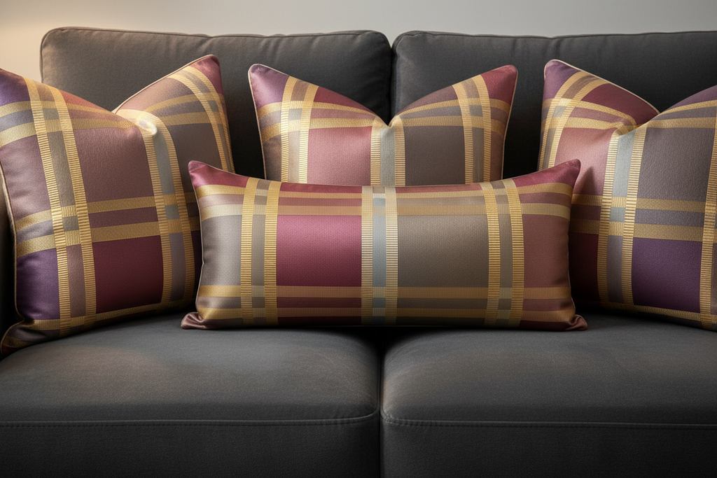 Kensington Plaid Square & Lumbar Pillows on Charcoal Sofa