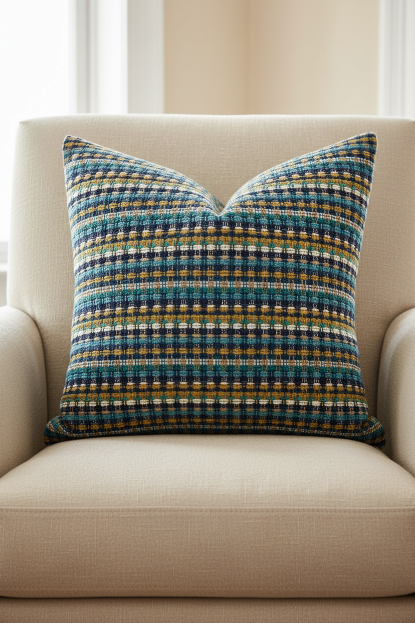 Multicolored Woven Pillow on Linen Chair - Zoomed Out