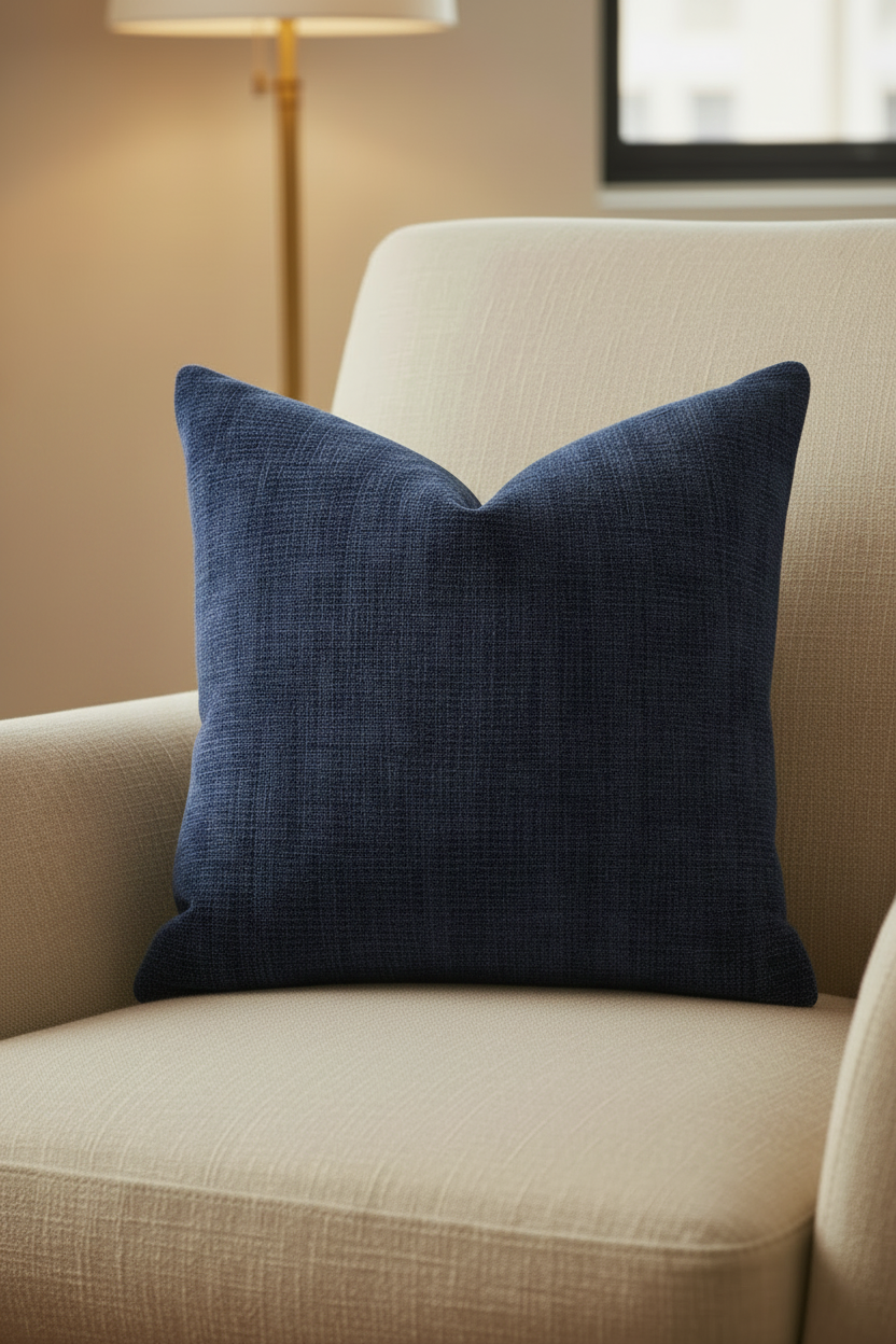 Navy Chenille Pillow on Natural Linen Chair