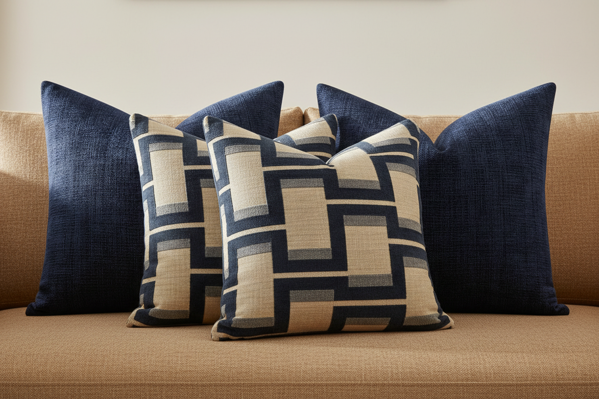 Navy Solid & Geometric Block Pillows on Linen Sofa