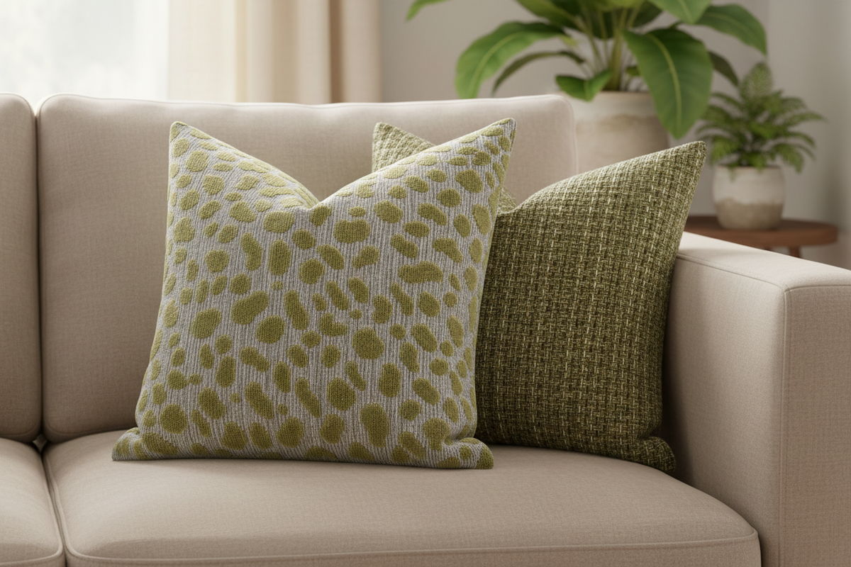 Olive & Sage Pillow Grouping on Beige Sofa