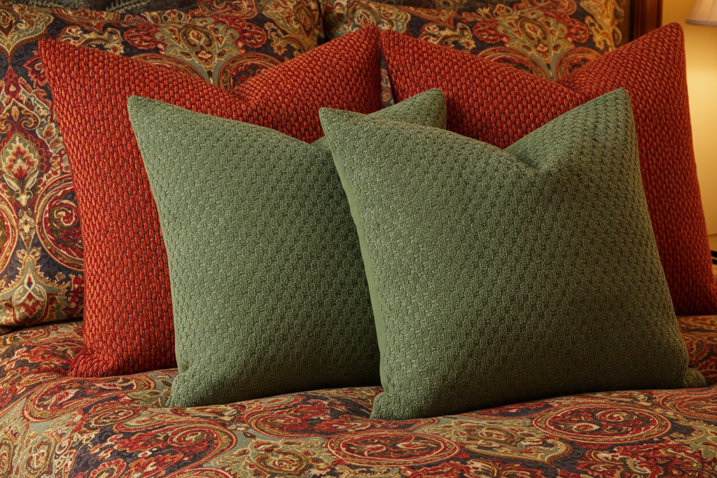Red & Sage Pillows on Red, Green & Gold Paisley Bedding