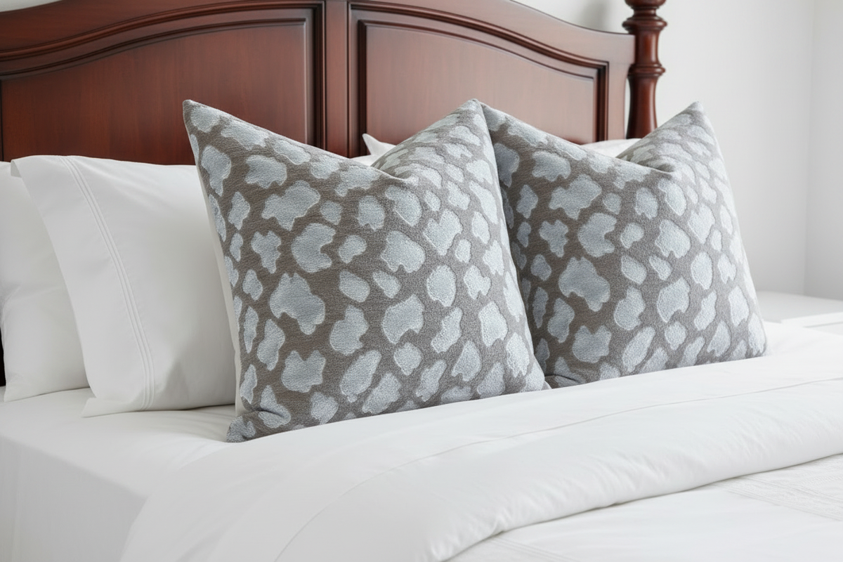 Silver Pebble Leopard Pillows on White Bed with Mahogany Headboard
