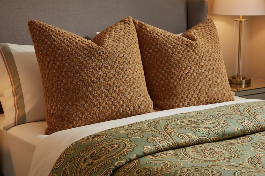 Toffee Chenille Pillows with Sage Brown Gold Paisley Comforter
