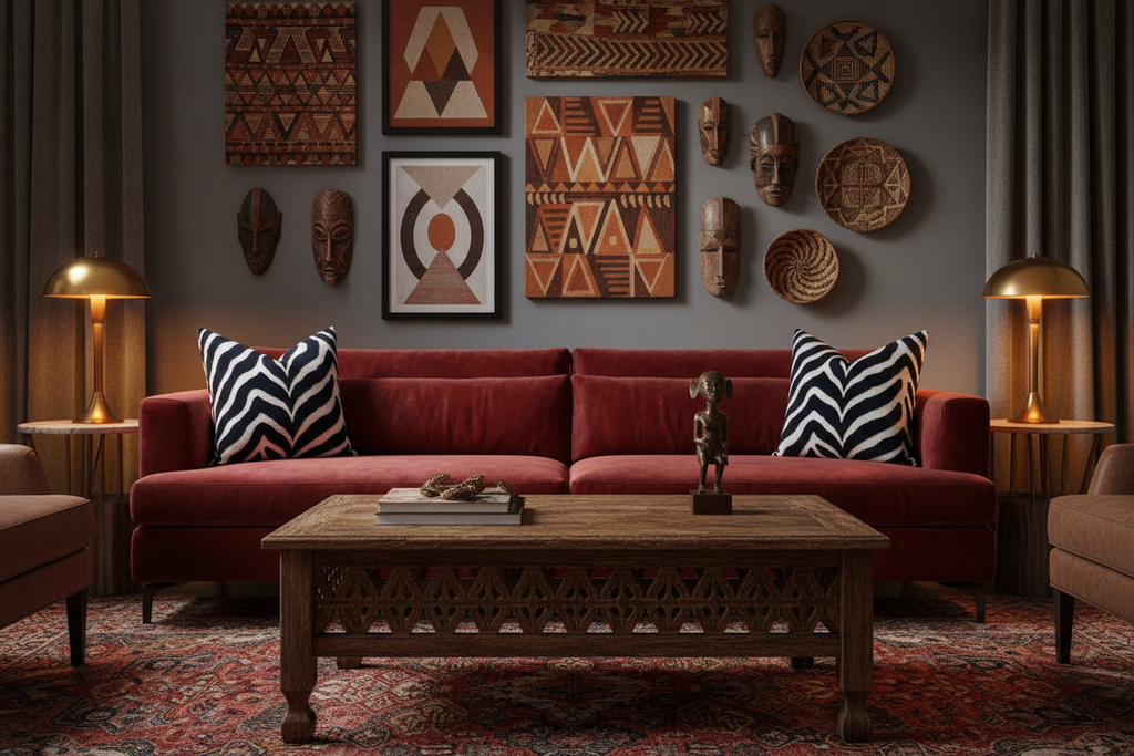 Zebra Pillows on Red Velvet Sofa with African Art